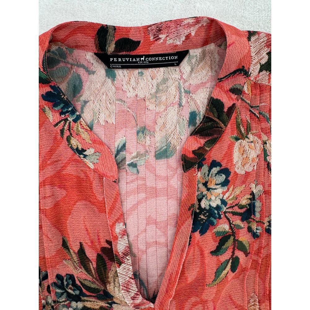 Peruvian Connection Coral Floral Split Neck Tunic Dress - Picture 6 of 9